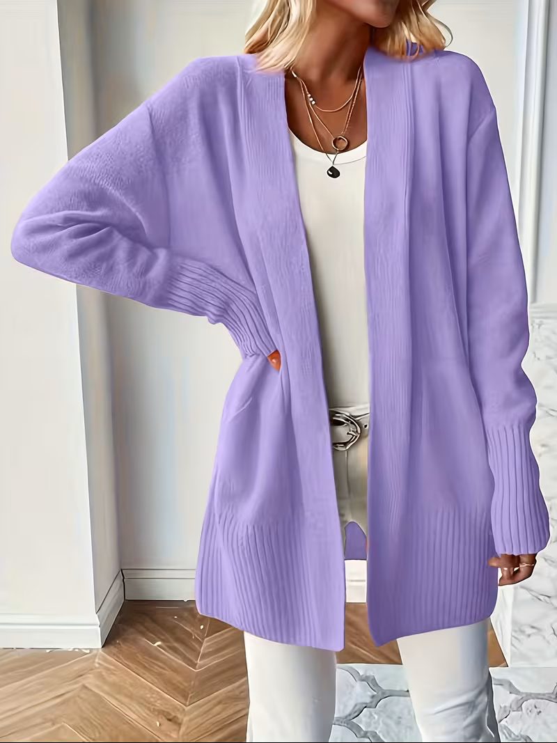 Women's Open-Front Longline Cardigan with Ribbed Trim, Violet, view 6