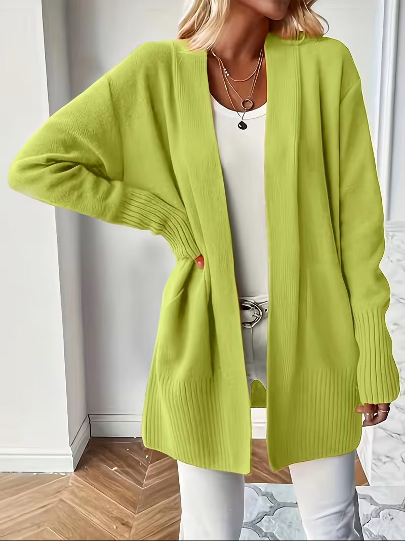 Women's Open-Front Longline Cardigan with Ribbed Trim, Yellow Green, view 7