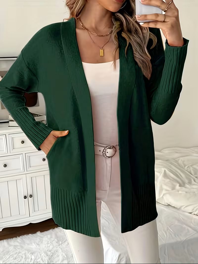 Women's Open-Front Longline Cardigan with Ribbed Trim, Dark Green, view 8
