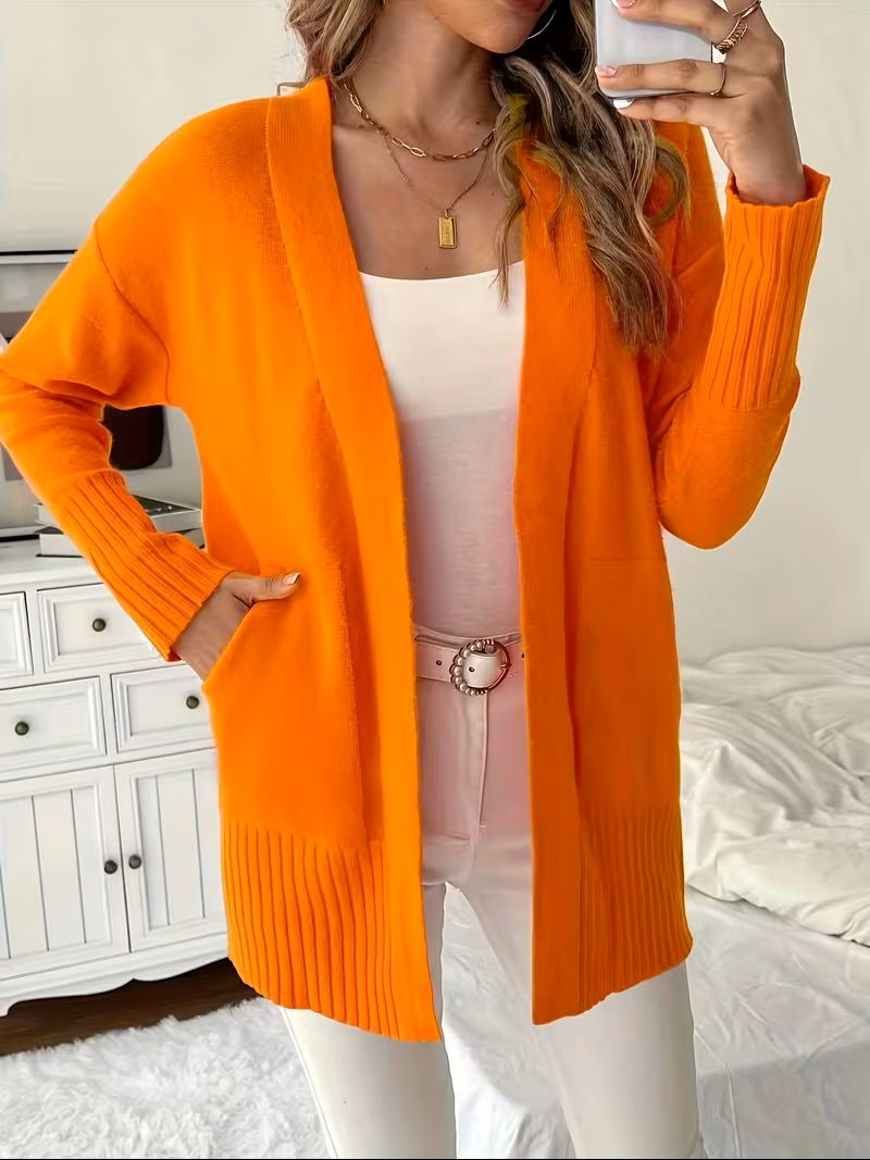 Women's Open-Front Longline Cardigan with Ribbed Trim, Orange, view 9