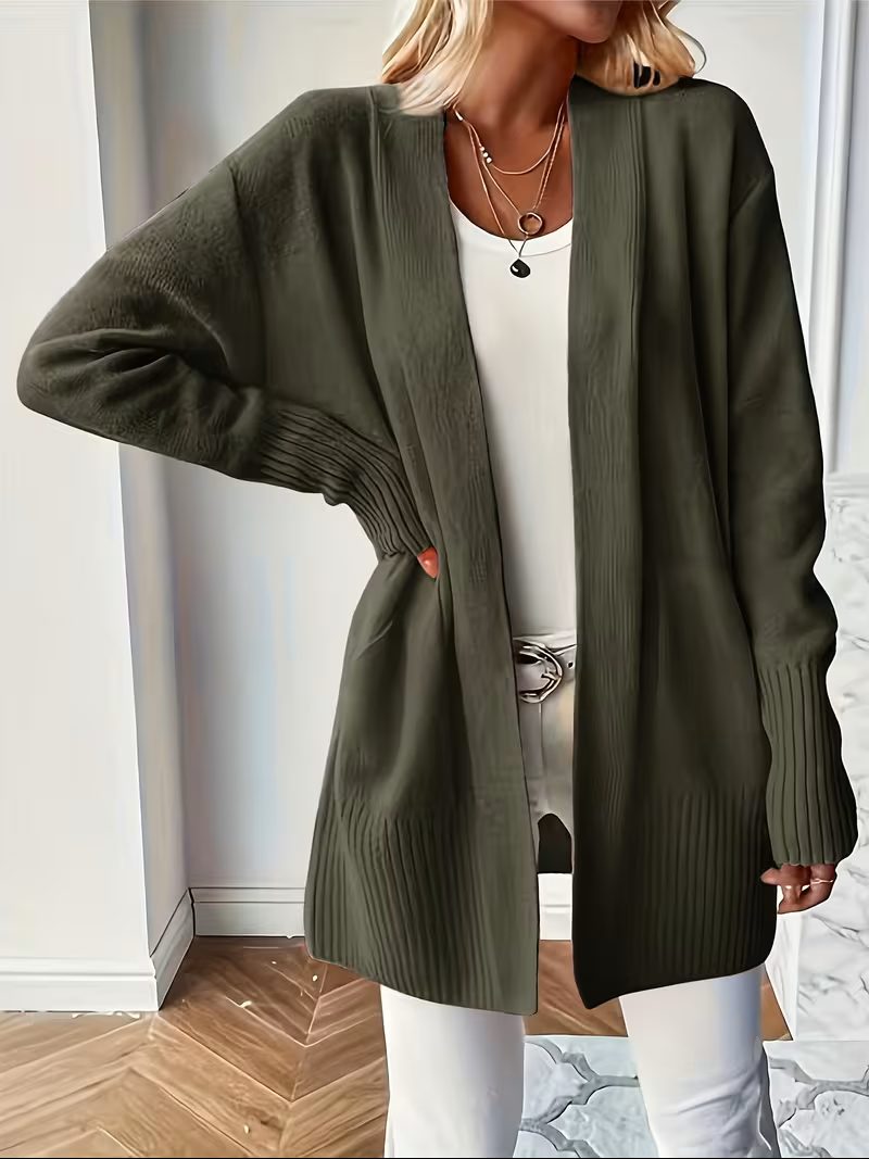 Women's Open-Front Longline Cardigan with Ribbed Trim, Olive Green, view 12