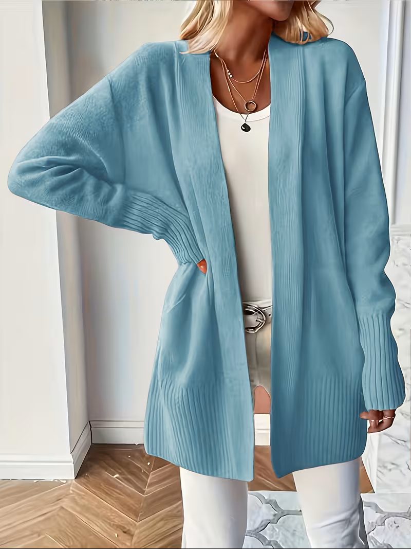 Women's Open-Front Longline Cardigan with Ribbed Trim, Baby Blue, view 13