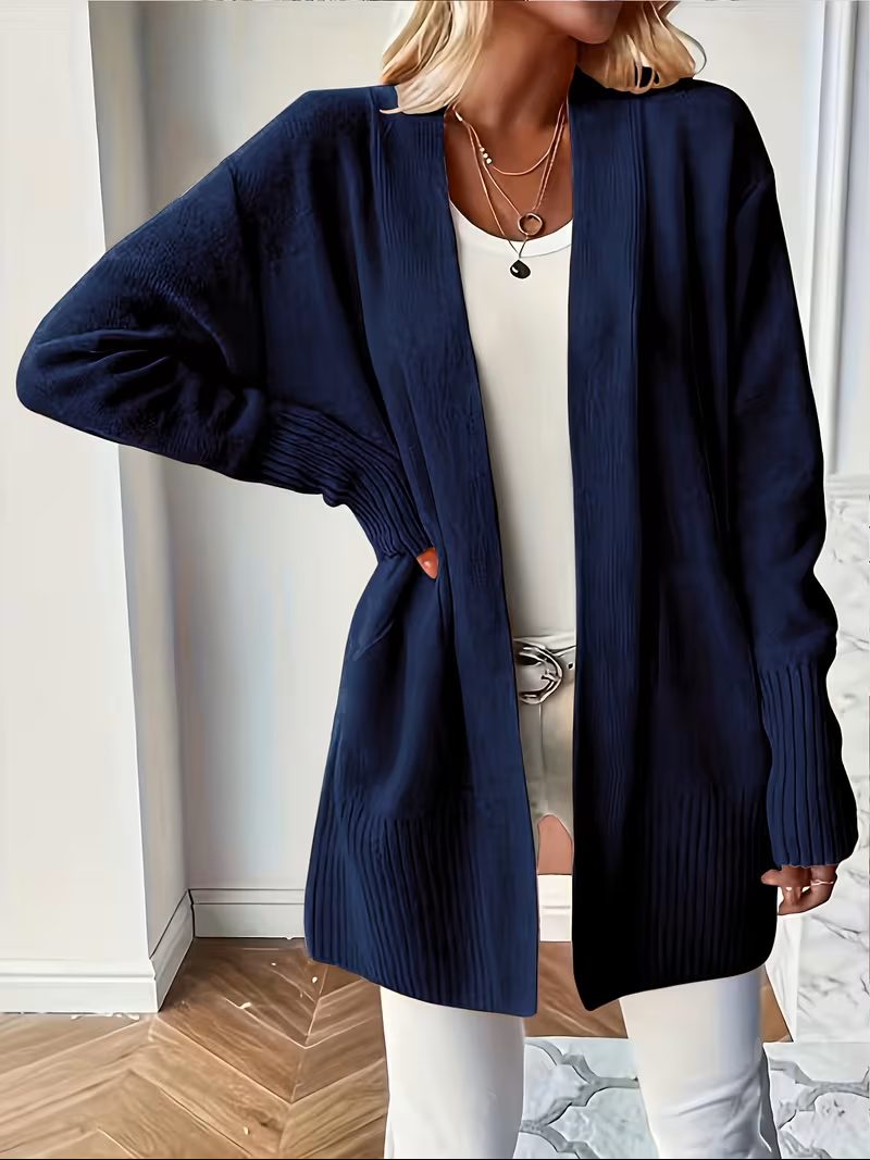Women's Open-Front Longline Cardigan with Ribbed Trim, Navy, view 14