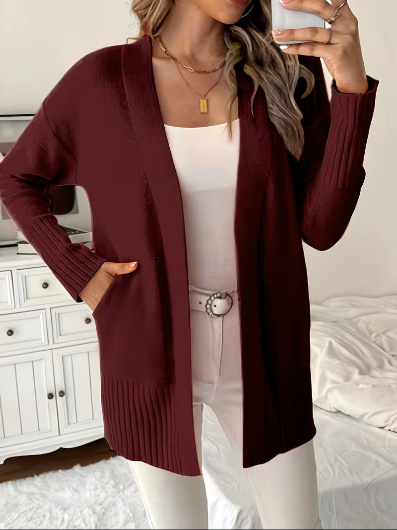 Women's Open-Front Longline Cardigan with Ribbed Trim, Burgundy, view 15