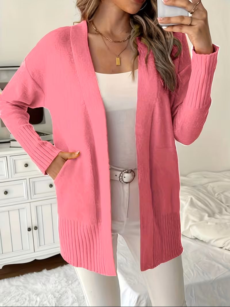 Women's Open-Front Longline Cardigan with Ribbed Trim, Pink, view 16