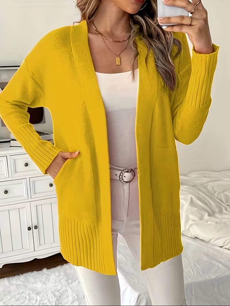 Women's Open-Front Longline Cardigan with Ribbed Trim, Yellow, view 17
