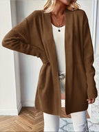 Women's Open-Front Longline Cardigan with Ribbed Trim, Brown, view 18