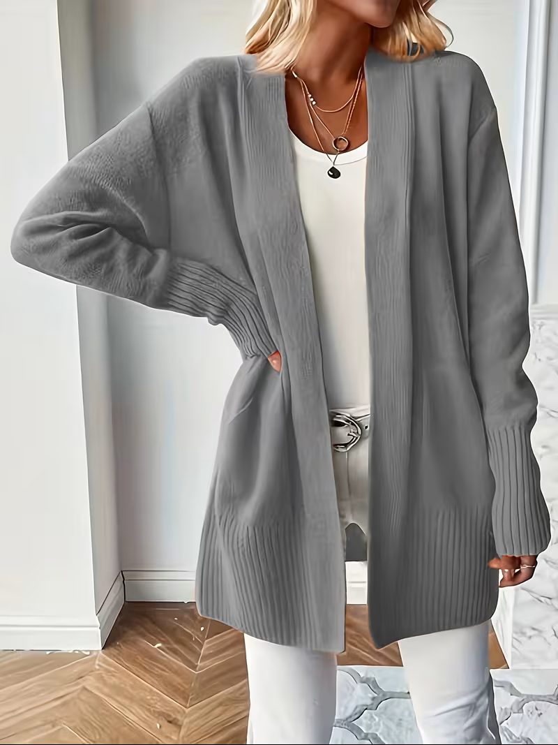 Women's Open-Front Longline Cardigan with Ribbed Trim, Grey, view 19