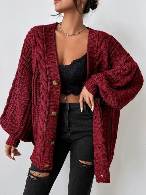 Women's Oversized Cable Knit Cardigan with Balloon Sleeves, Burgundy, view 1