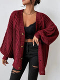 Women's Oversized Cable Knit Cardigan with Balloon Sleeves, Burgundy, view 1