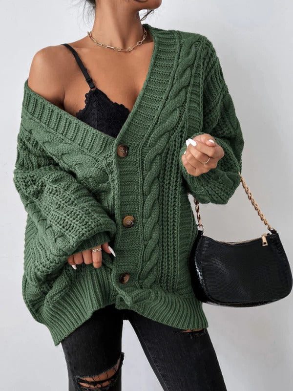 Women's Oversized Cable Knit Cardigan with Balloon Sleeves, Army Green, view 2