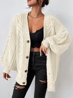 Women's Oversized Cable Knit Cardigan with Balloon Sleeves, Cream, view 3