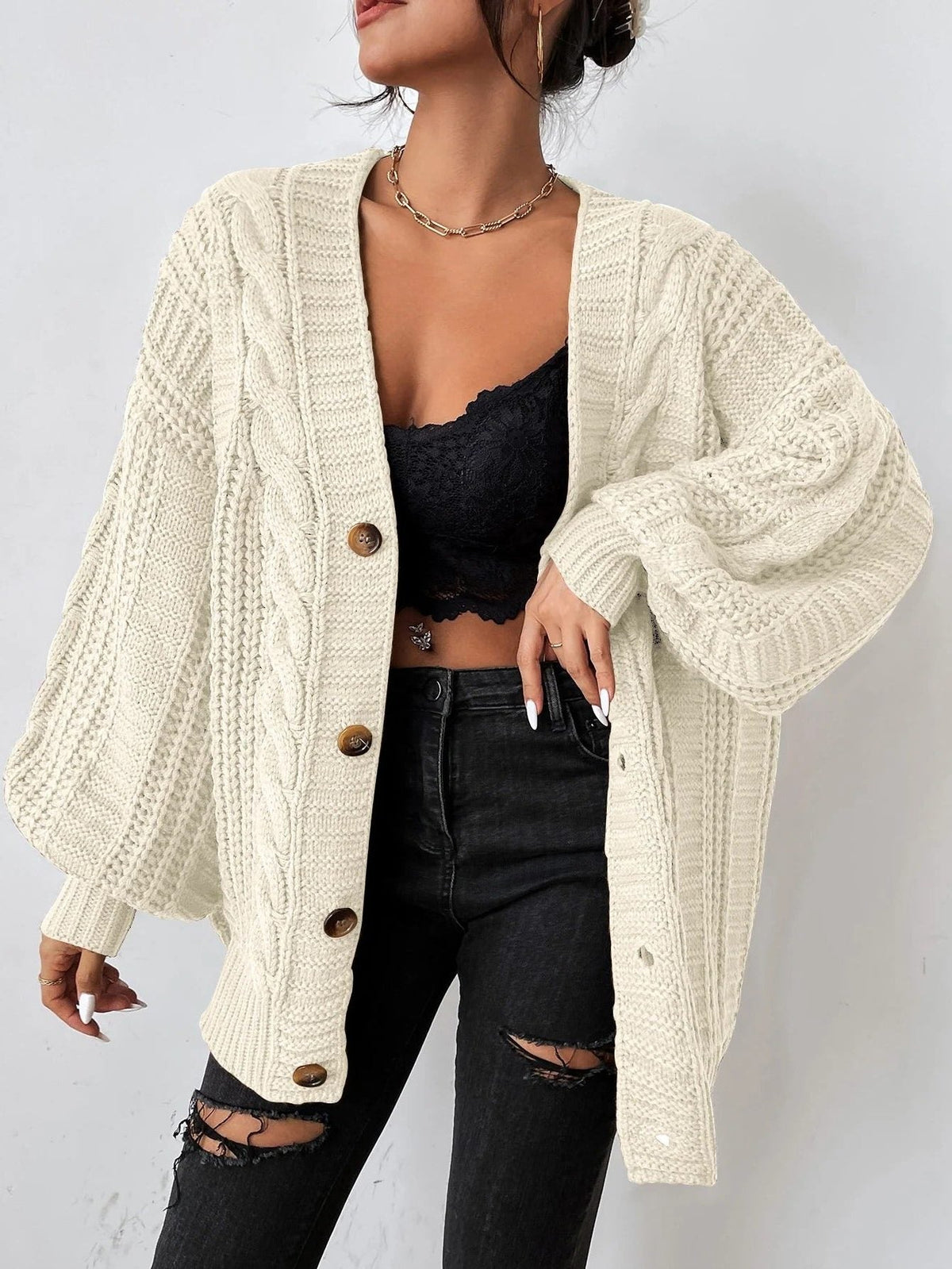 Women's Oversized Cable Knit Cardigan with Balloon Sleeves, Cream, view 3
