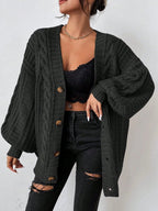 Women's Oversized Cable Knit Cardigan with Balloon Sleeves, Black, view 4