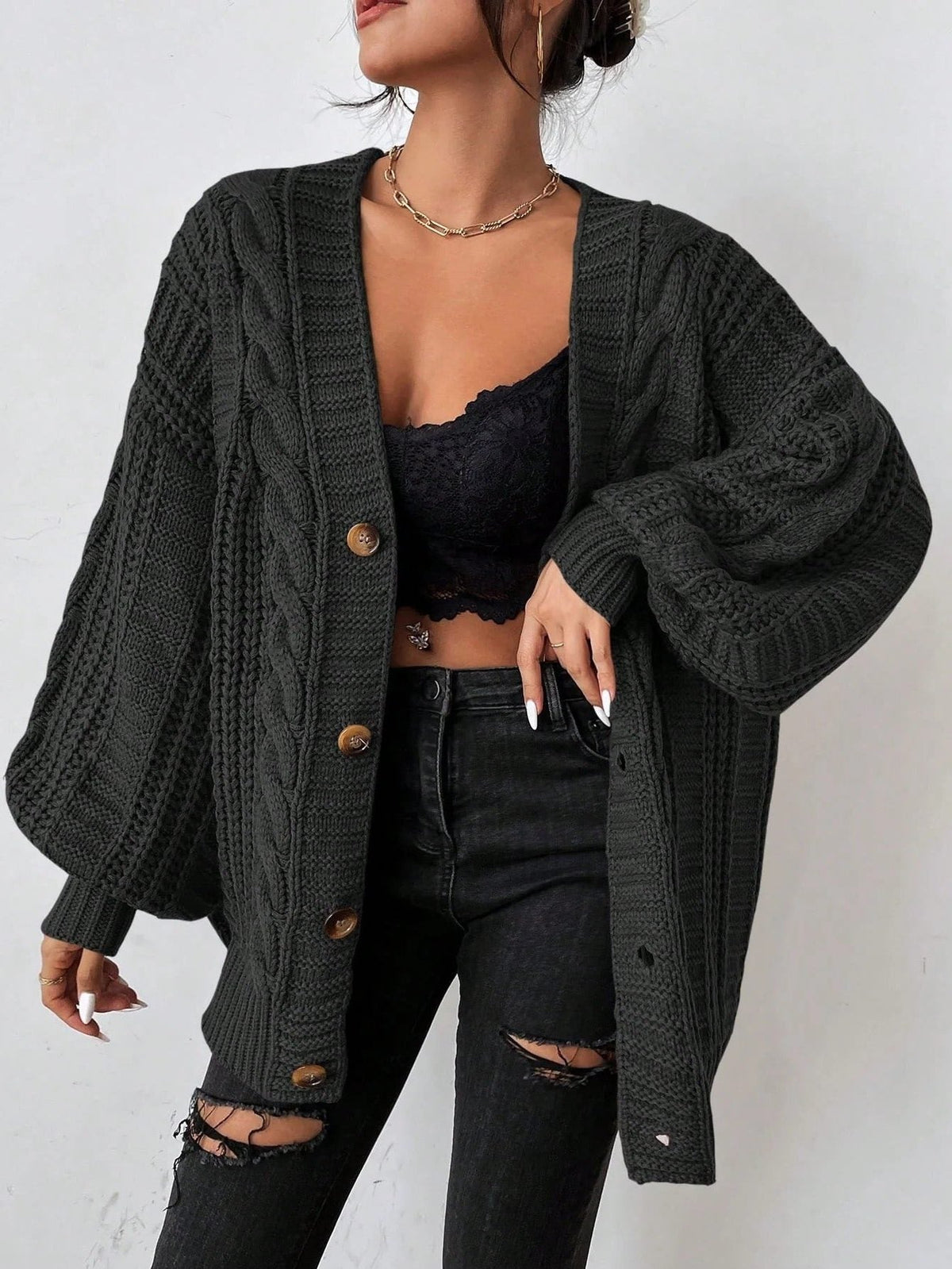 Women's Oversized Cable Knit Cardigan with Balloon Sleeves, Black, view 4