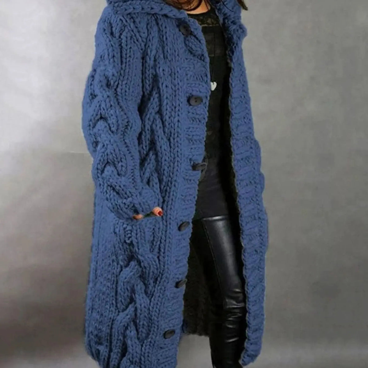 Women's Oversized Cable Knit Hooded Cardigan with Pockets, Blue, view 1