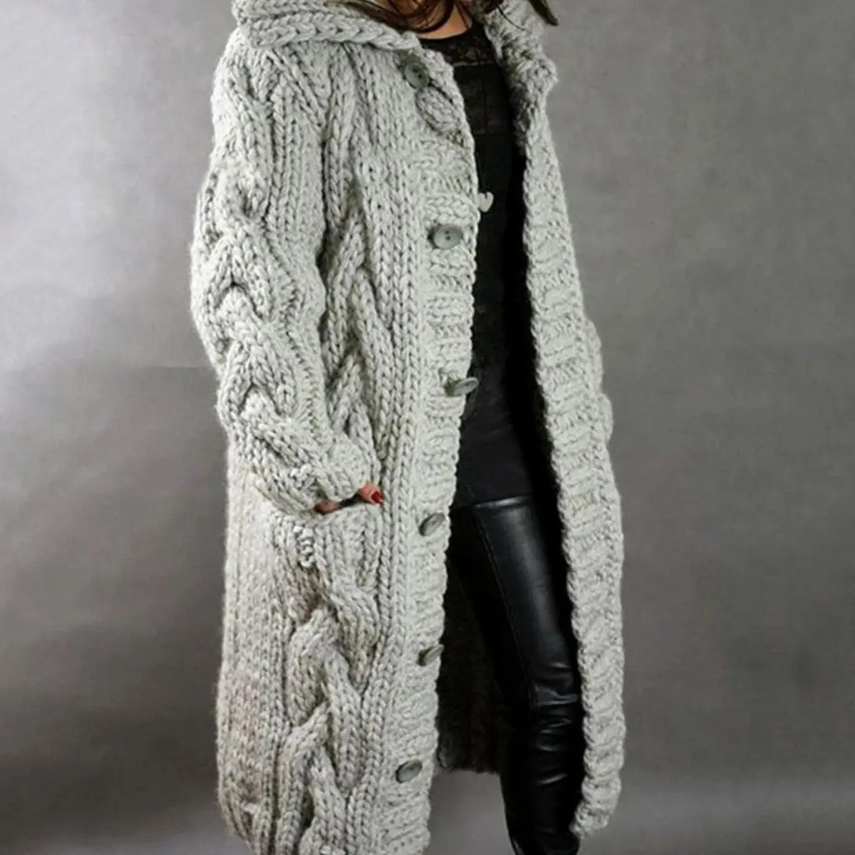 Women's Oversized Cable Knit Hooded Cardigan with Pockets, Silver Grey, view 2