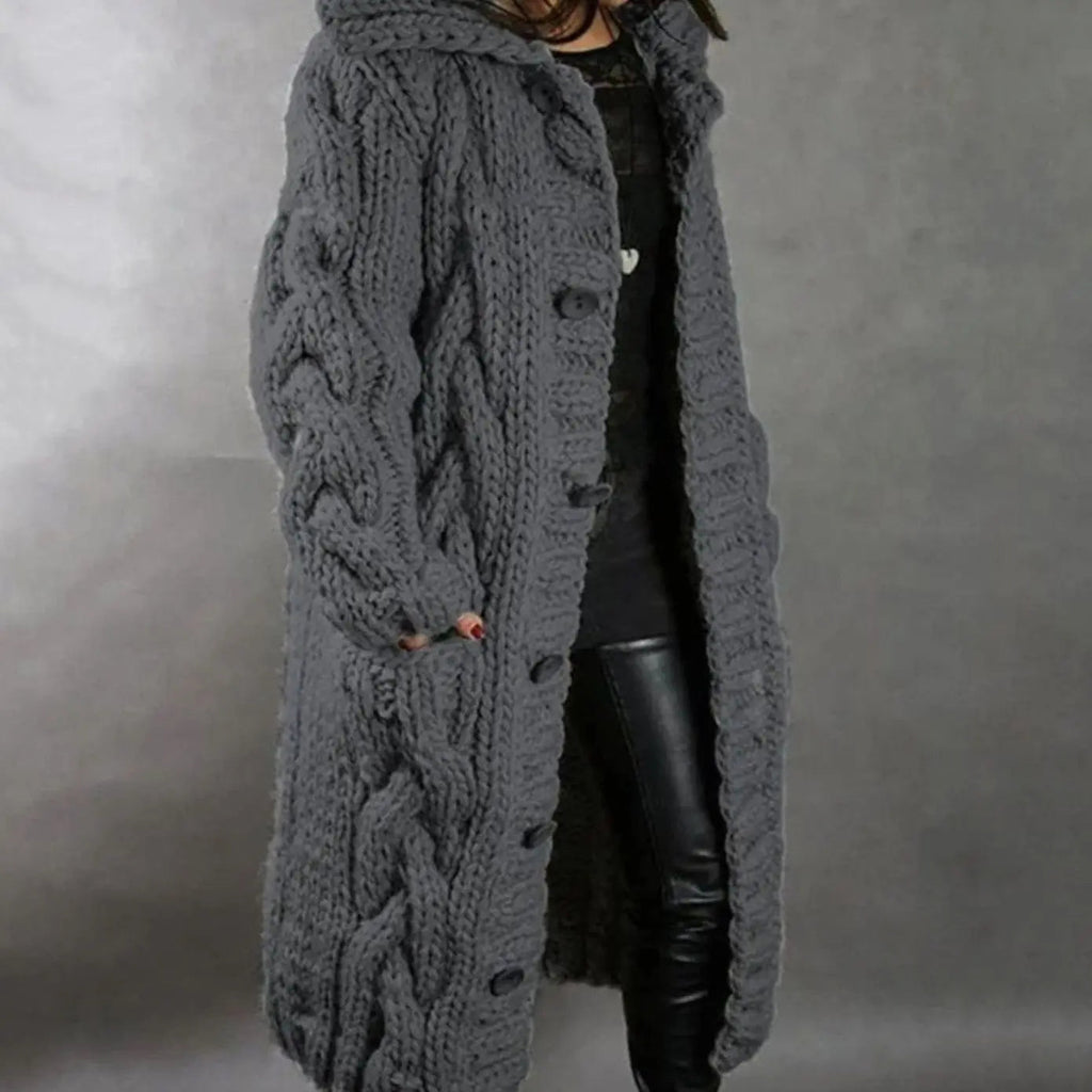Women's Oversized Cable Knit Hooded Cardigan with Pockets, Dark Grey, view 3