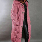 Women's Oversized Cable Knit Hooded Cardigan with Pockets, Pink, view 4