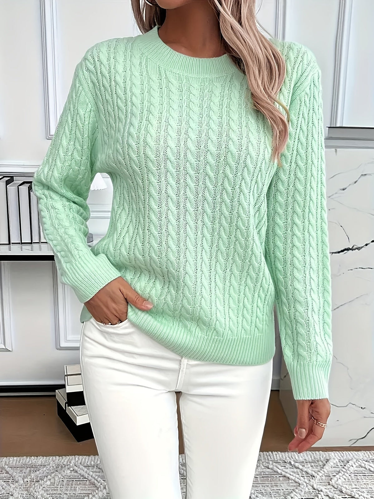 Women's Oversized Cable Knit Jumper with Crew Neck, Light Green, view 1