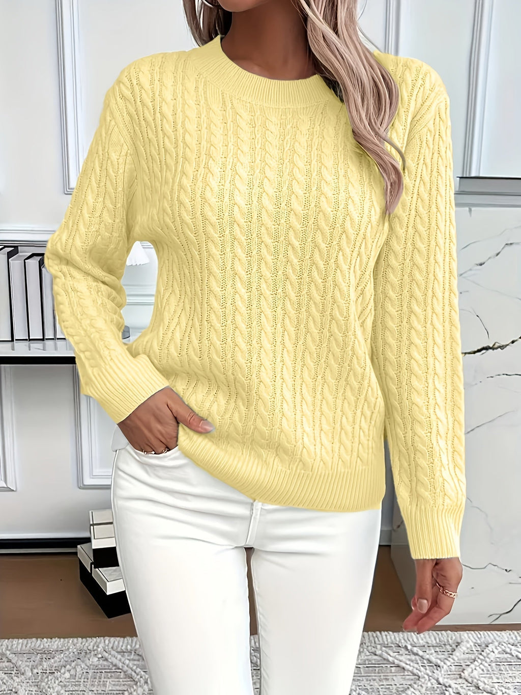 Women's Oversized Cable Knit Jumper with Crew Neck, Yellow, view 5