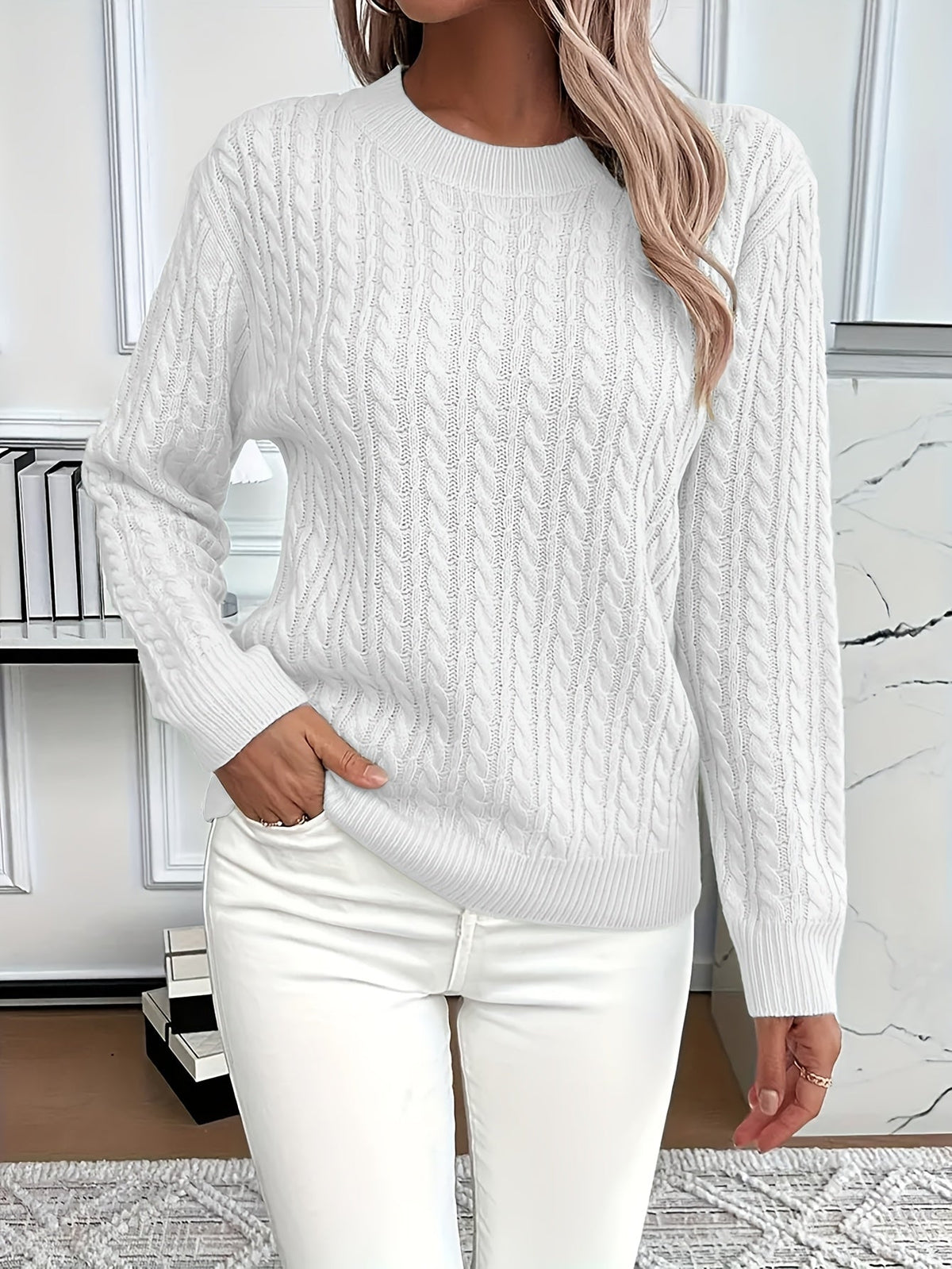 Women's Oversized Cable Knit Jumper with Crew Neck, White, view 7