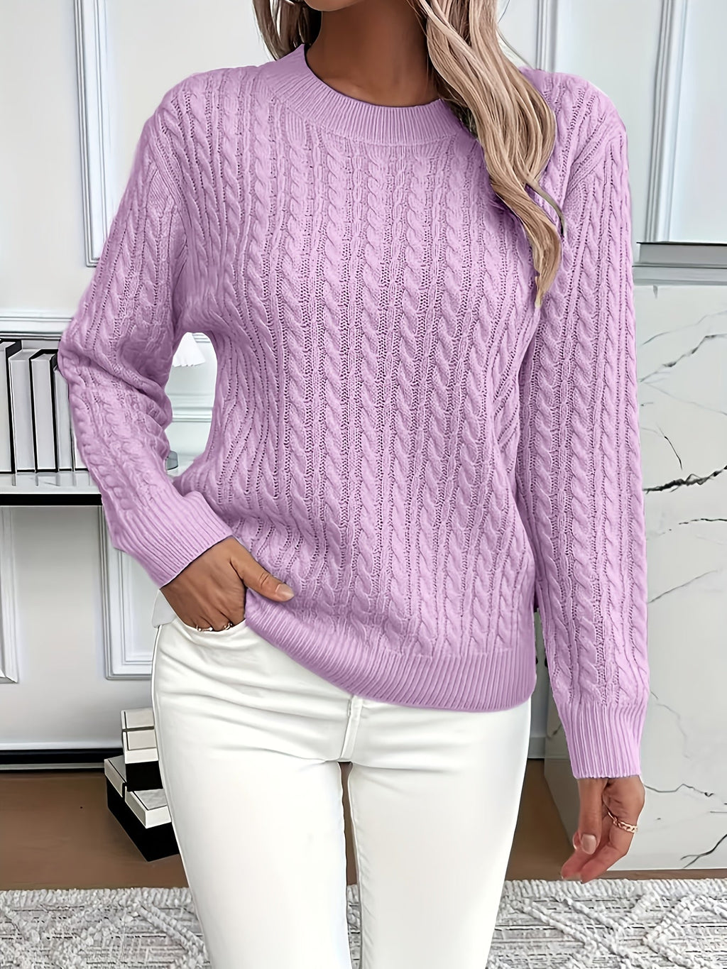 Women's Oversized Cable Knit Jumper with Crew Neck, Purple, view 8