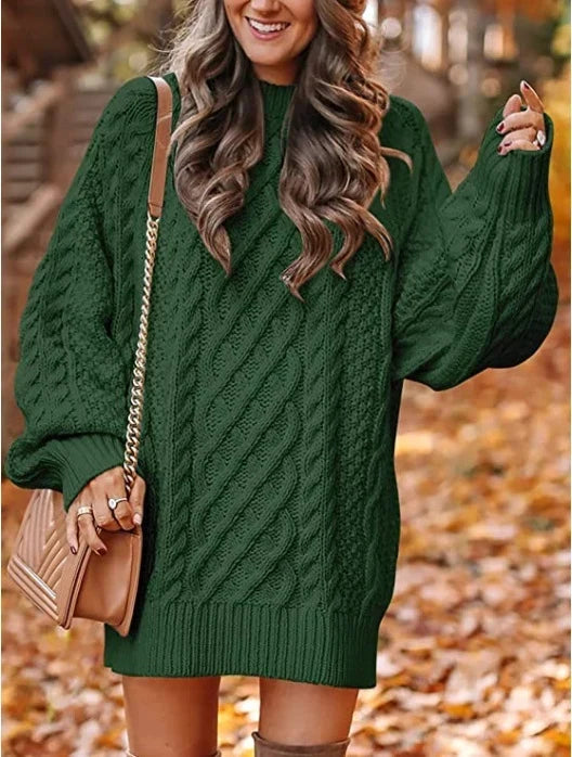 Women's Oversized Cable Knit Mini Dress with Puff Sleeves, Green, view 1