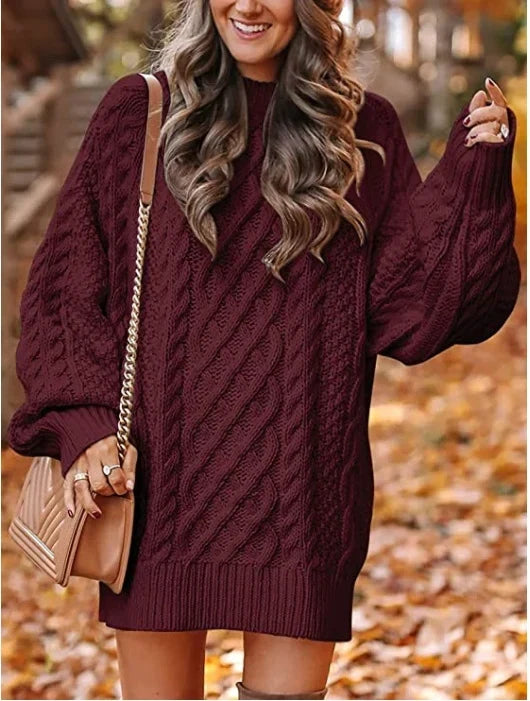 Women's Oversized Cable Knit Mini Dress with Puff Sleeves, Burgundy, view 2