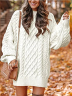 Women's Oversized Cable Knit Mini Dress with Puff Sleeves, White, view 3