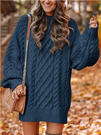 Women's Oversized Cable Knit Mini Dress with Puff Sleeves, Navy Blue, view 4