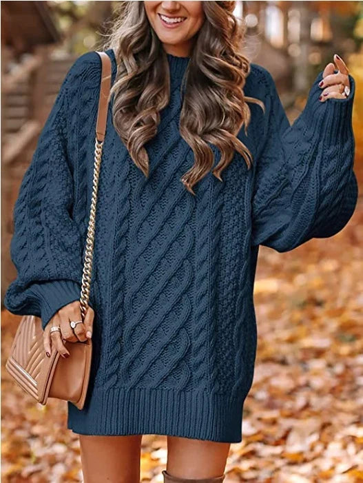 Women's Oversized Cable Knit Mini Dress with Puff Sleeves, Navy Blue, view 4