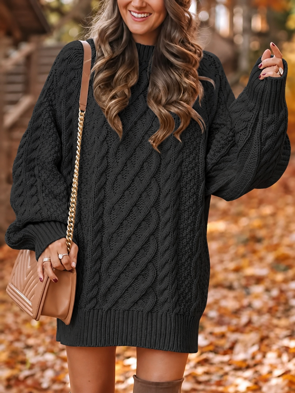 Women's Oversized Cable Knit Mini Dress with Puff Sleeves, Black, view 5