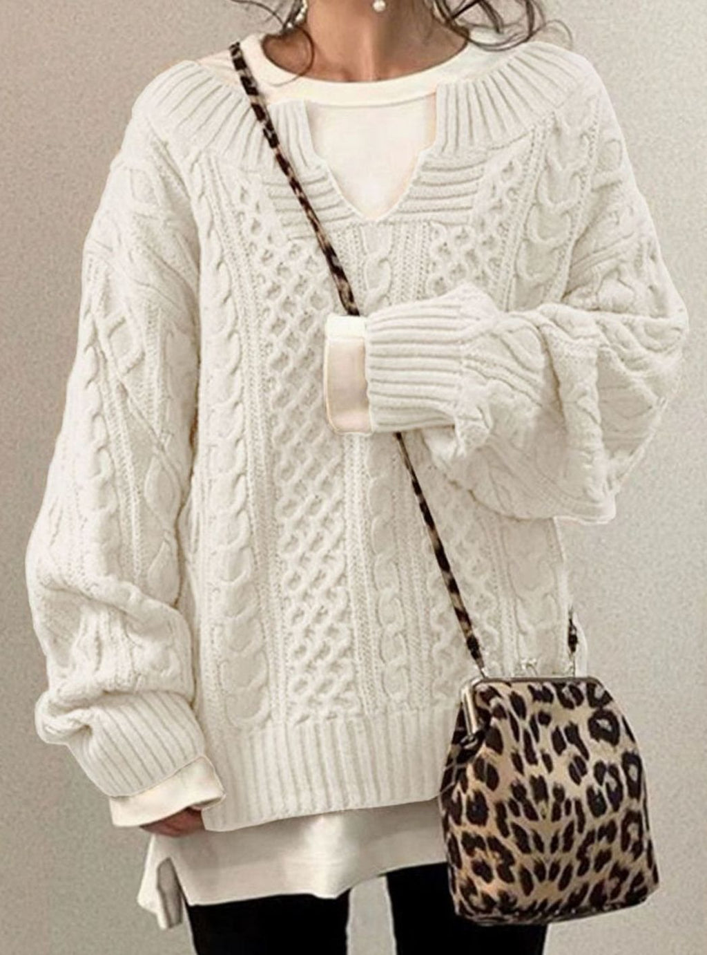 Women's Oversized Cable Knit V-Neck Jumper, White, view 1