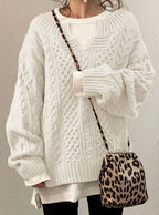 Women's Oversized Cable Knit V-Neck Jumper, White, view 1