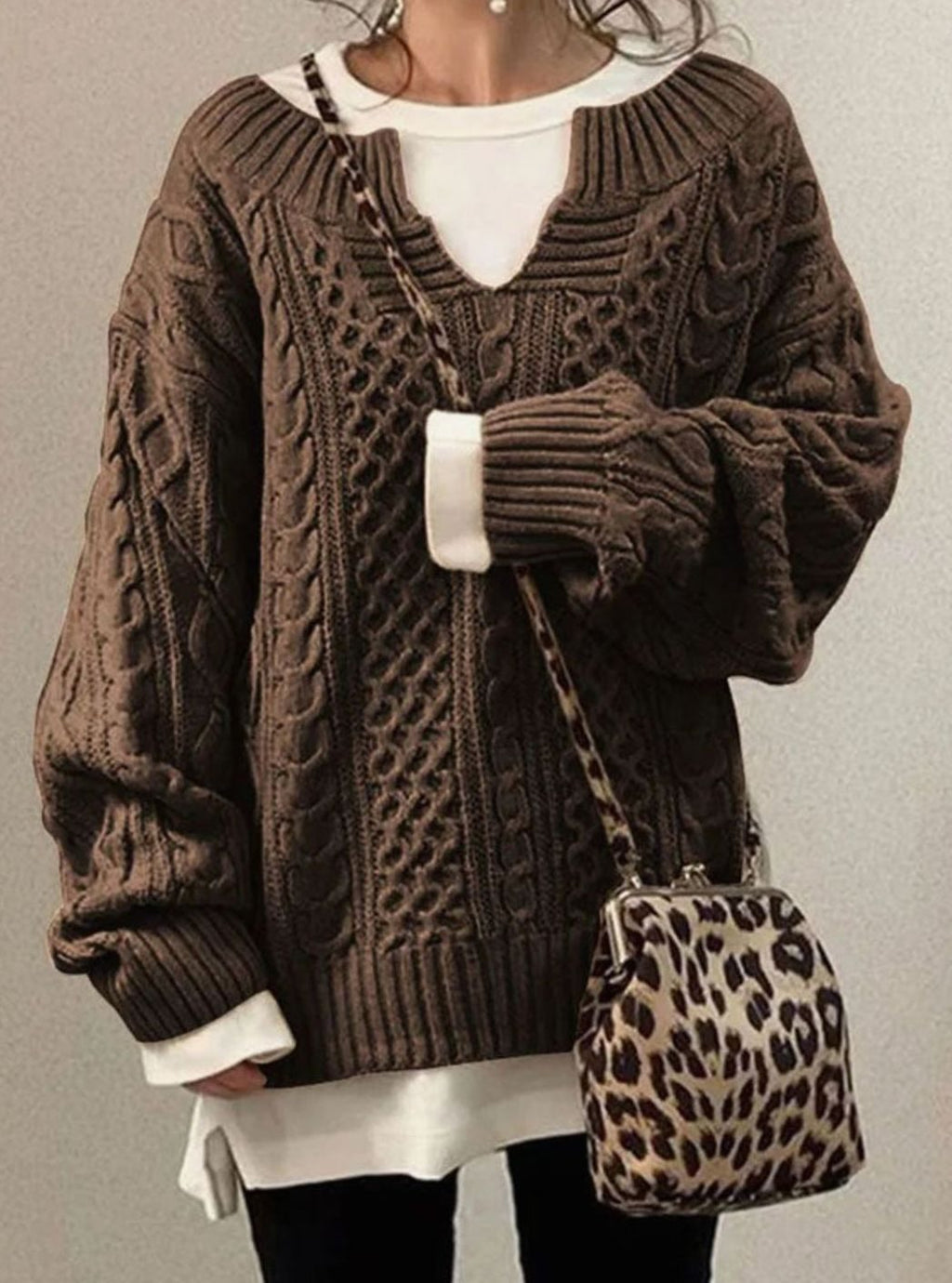 Women's Oversized Cable Knit V-Neck Jumper, Brown, view 2