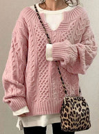 Women's Oversized Cable Knit V-Neck Jumper, Pink, view 3