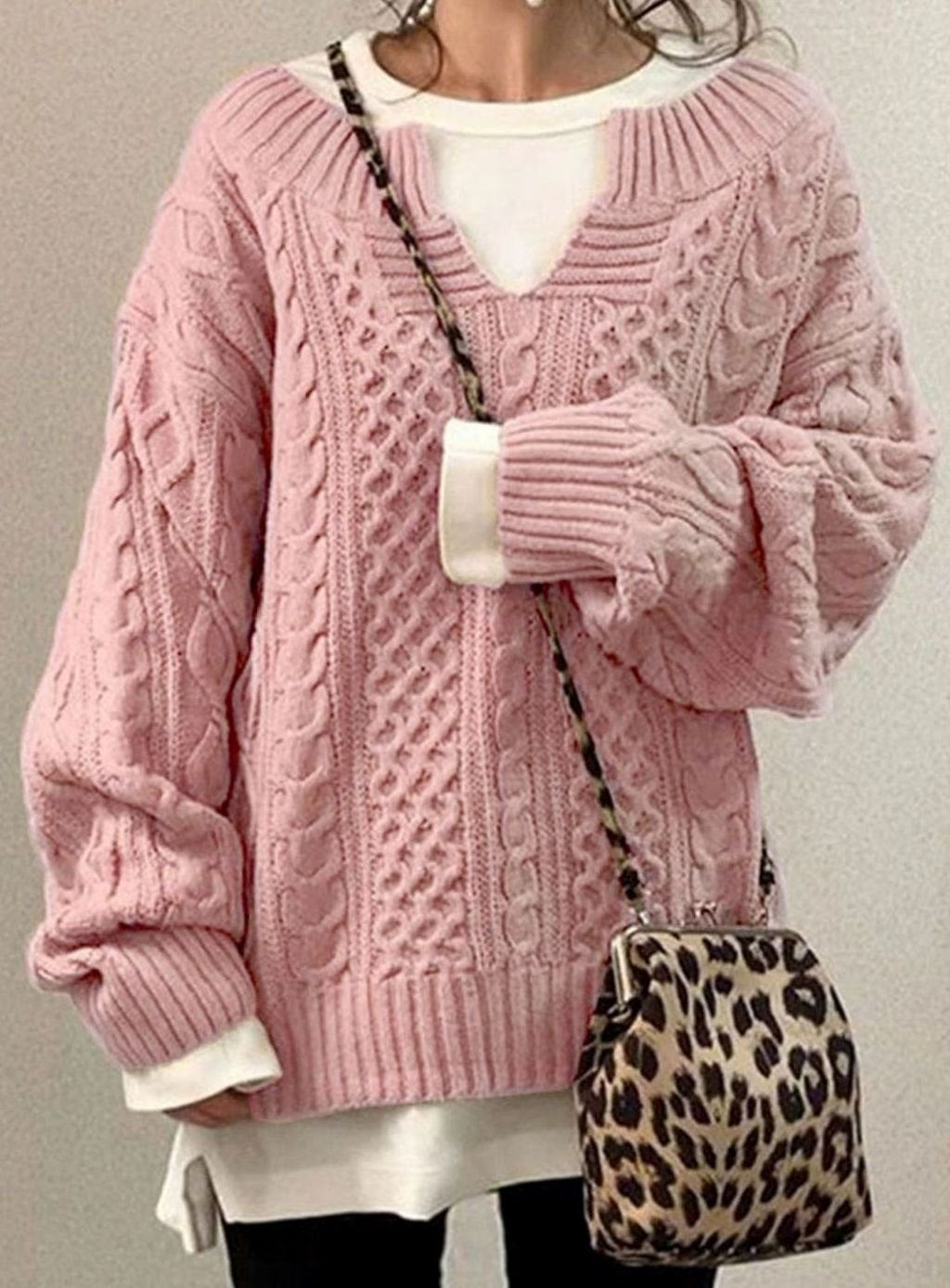 Women's Oversized Cable Knit V-Neck Jumper, Pink, view 3