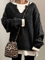 Women's Oversized Cable Knit V-Neck Jumper, Black, view 4