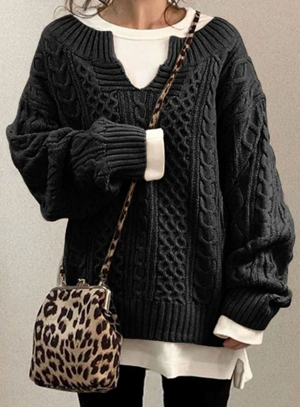 Women's Oversized Cable Knit V-Neck Jumper, Black, view 4