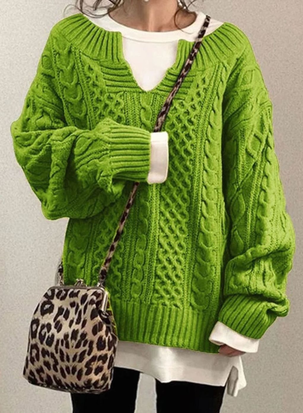 Women's Oversized Cable Knit V-Neck Jumper, Green, view 5