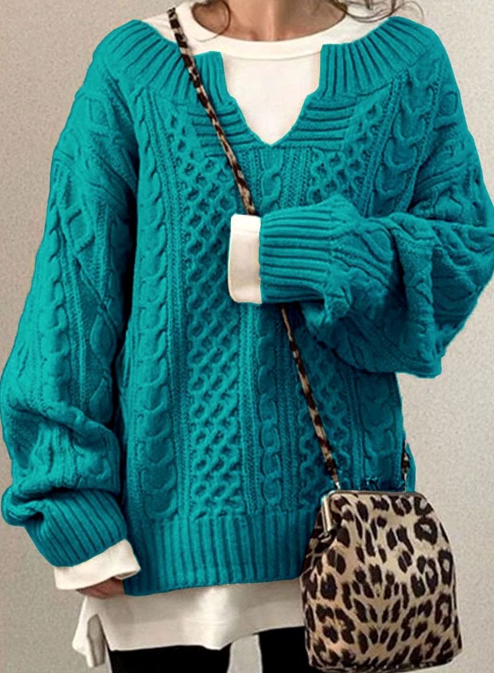 Women's Oversized Cable Knit V-Neck Jumper, Blue, view 6