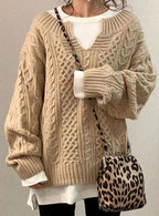 Women's Oversized Cable Knit V-Neck Jumper, Beige, view 7