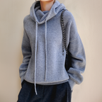 Women's Oversized Chunky-Knit Hoodie with Drawstring, Blue, view 3