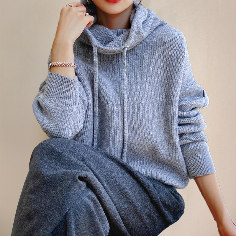 Women's Oversized Chunky-Knit Hoodie with Drawstring, view 4
