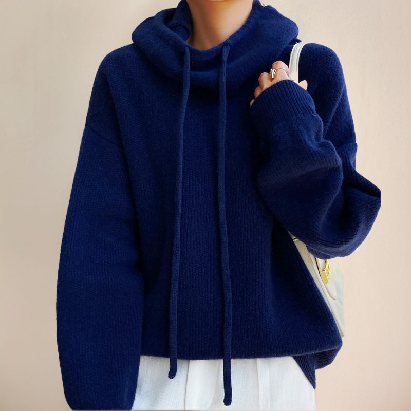 Women's Oversized Chunky-Knit Hoodie with Drawstring, Dark Blue, view 6