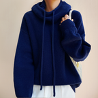 Women's Oversized Chunky-Knit Hoodie with Drawstring, Dark Blue, view 6