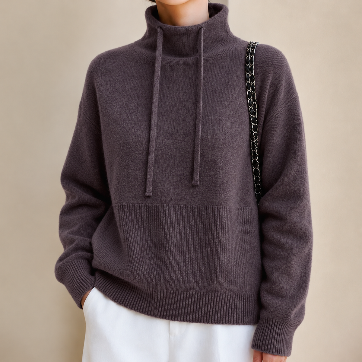 Women's Oversized Chunky-Knit Hoodie with Drawstring, Brown, view 7