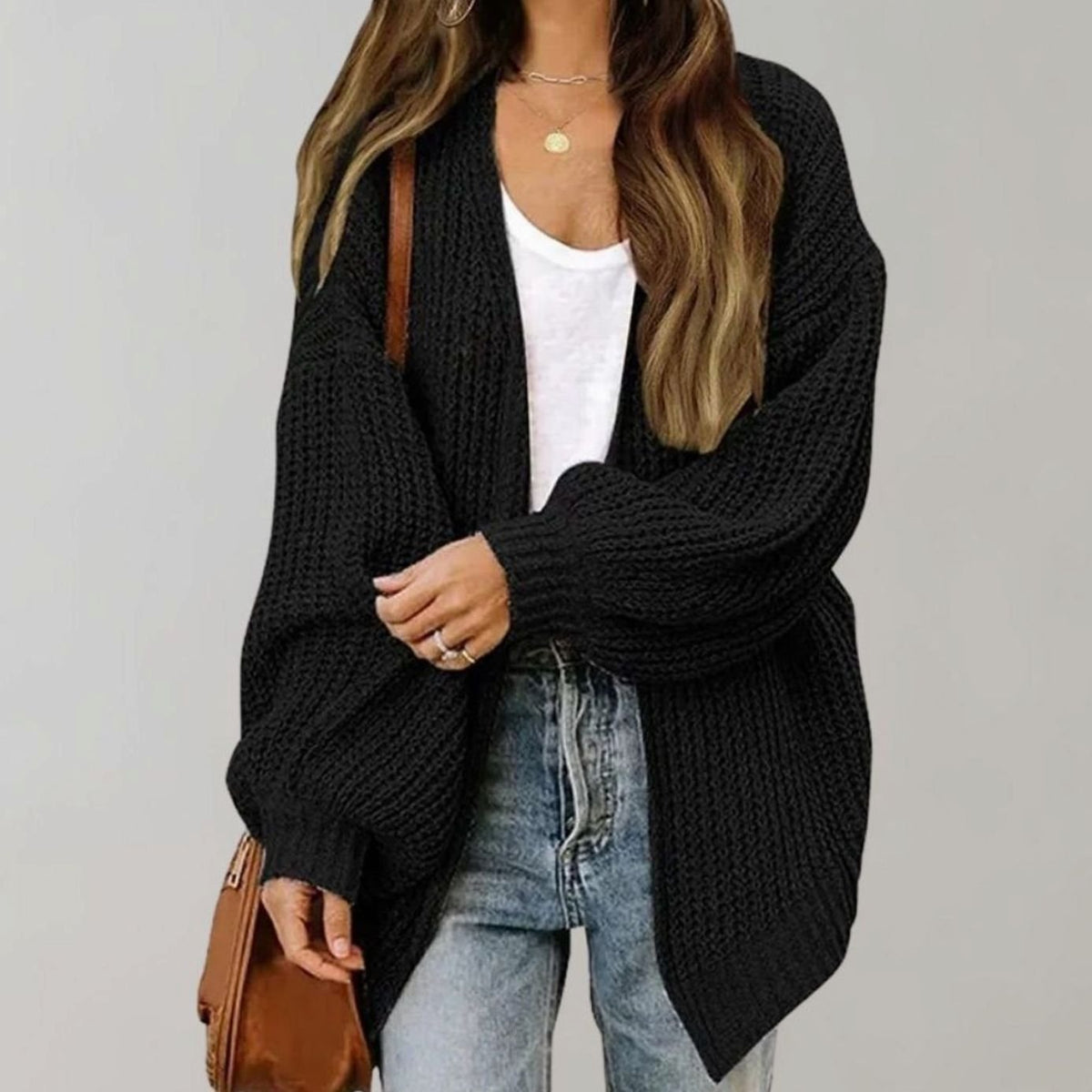 Women's Oversized Chunky Knit Open Front Cardigan, Black, view 1