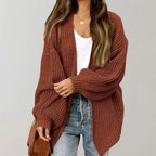 Women's Oversized Chunky Knit Open Front Cardigan, Brown, view 2